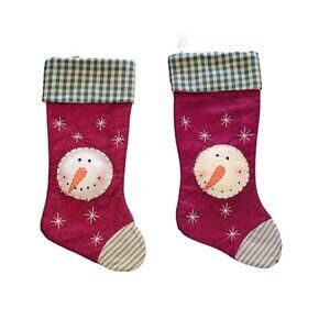 Pair Of Felt Christmas Stockings With Snowman Design & Gingham Cuffs